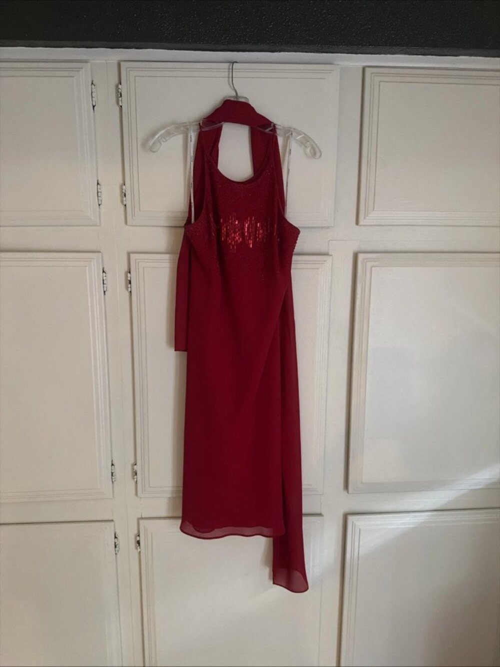 VTG CACHET Red Rhinestone Sleeveless Scarf Halter Dress Size 12